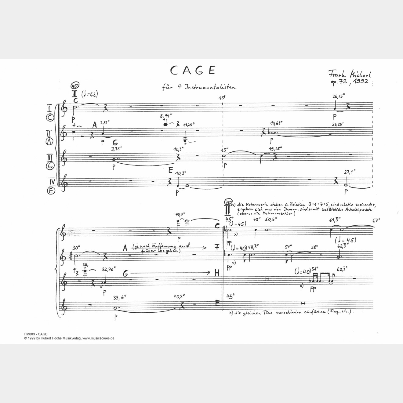 CAGE op. 72, 4' (Score and Parts)